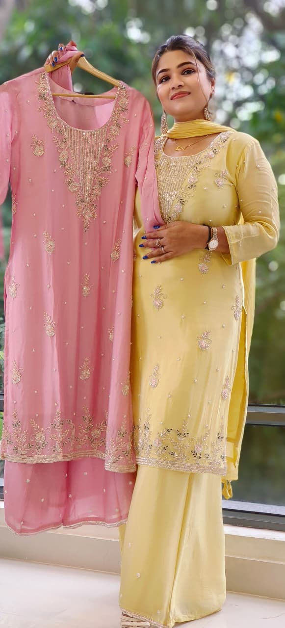 Designer Chinon Cut Dana Hand Embroidered Kurta With Matching Palazzo- 12122, 12121