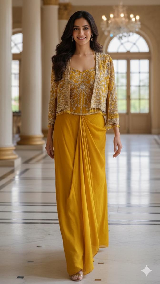 Elegant Mustard Indo-Western Co-ord Set with Sequined Jacket and Drape Skirt