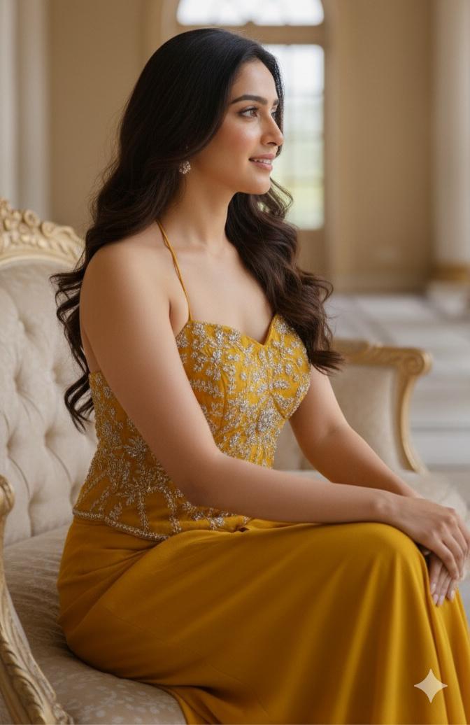 Elegant Mustard Indo-Western Co-ord Set with Sequined Jacket and Drape Skirt