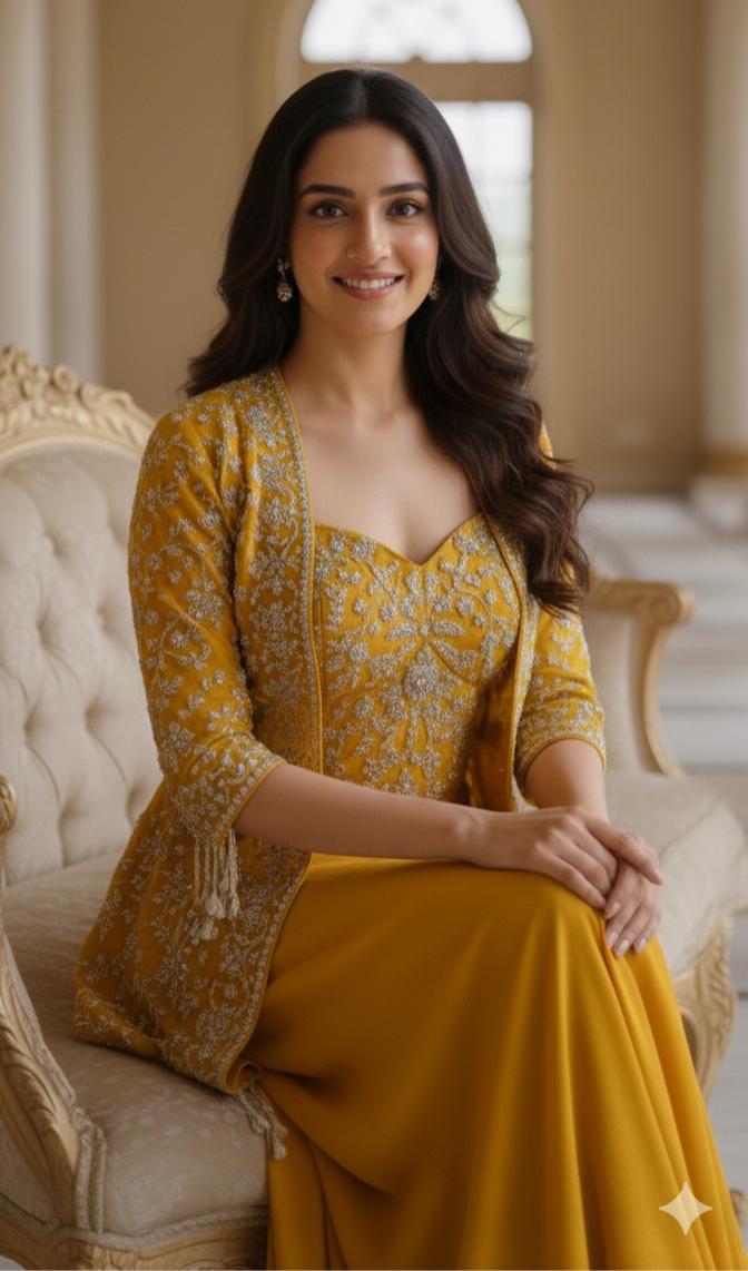 Elegant Mustard Indo-Western Co-ord Set with Sequined Jacket and Drape Skirt