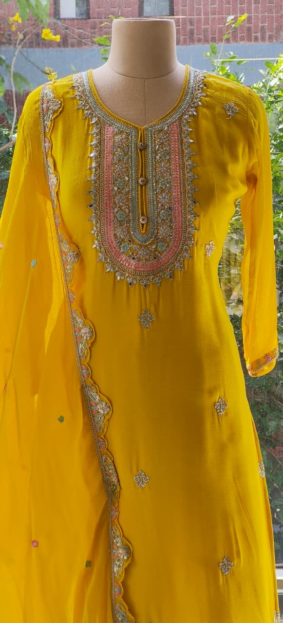 Sunshine Yellow Embroidered Kurta Set with Dupatta and Scalloped Hem Detailing