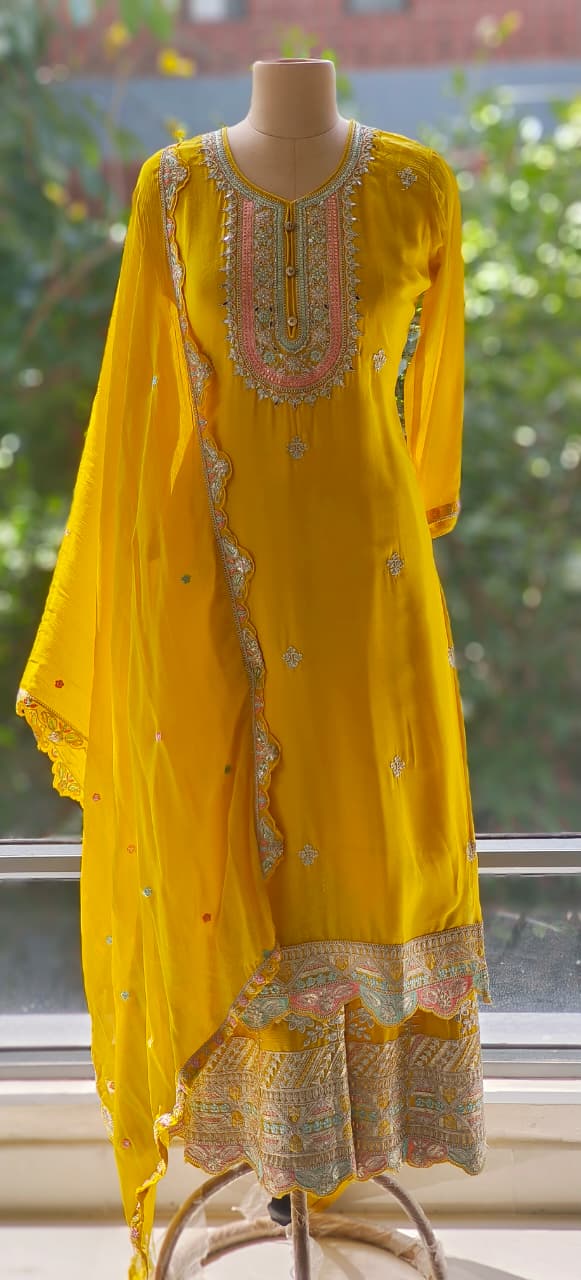 Sunshine Yellow Embroidered Kurta Set with Dupatta and Scalloped Hem Detailing