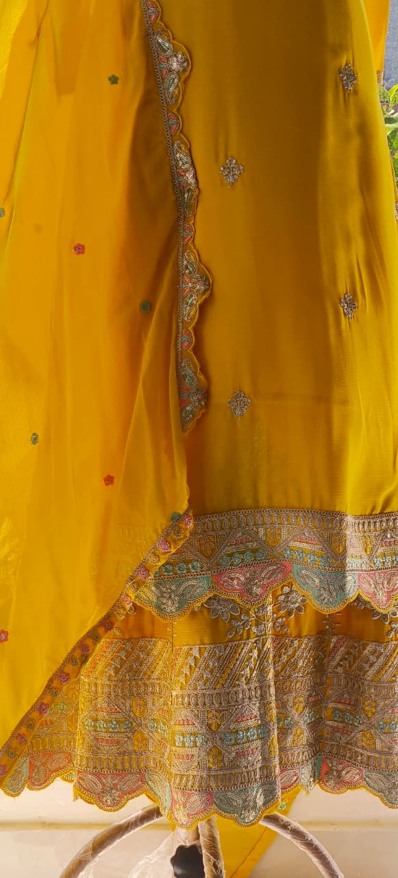 Sunshine Yellow Embroidered Kurta Set with Dupatta and Scalloped Hem Detailing