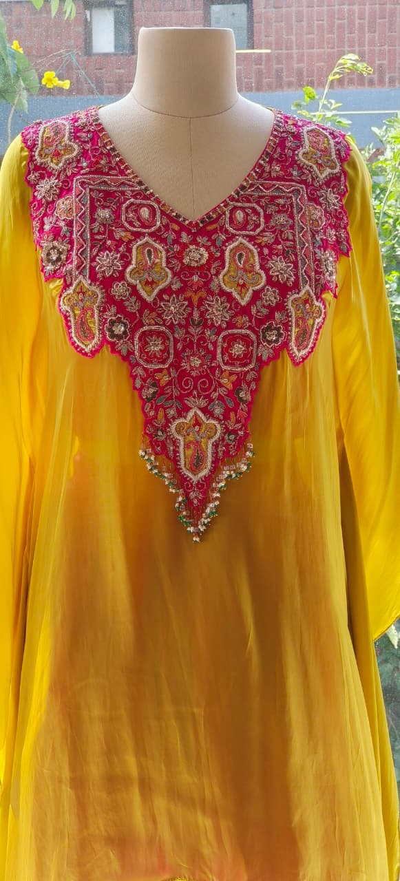 Contemporary Mustard Overlay Hi Low Kurta with Hot Pink Layered Palazzo Set And Inner