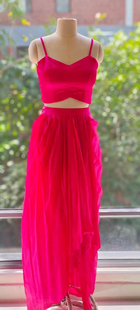 Contemporary Mustard Overlay Hi Low Kurta with Hot Pink Layered Palazzo Set And Inner