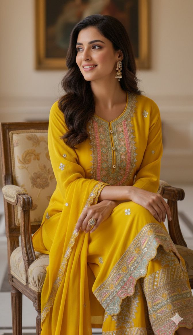 Sunshine Yellow Embroidered Kurta Set with Dupatta and Scalloped Hem Detailing
