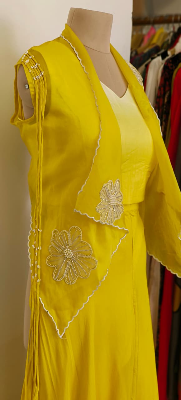 Stylish Designer Yellow Crop Top With Palazzo And Jacket Set with Handcrafted Embroidery and Tassel Finish