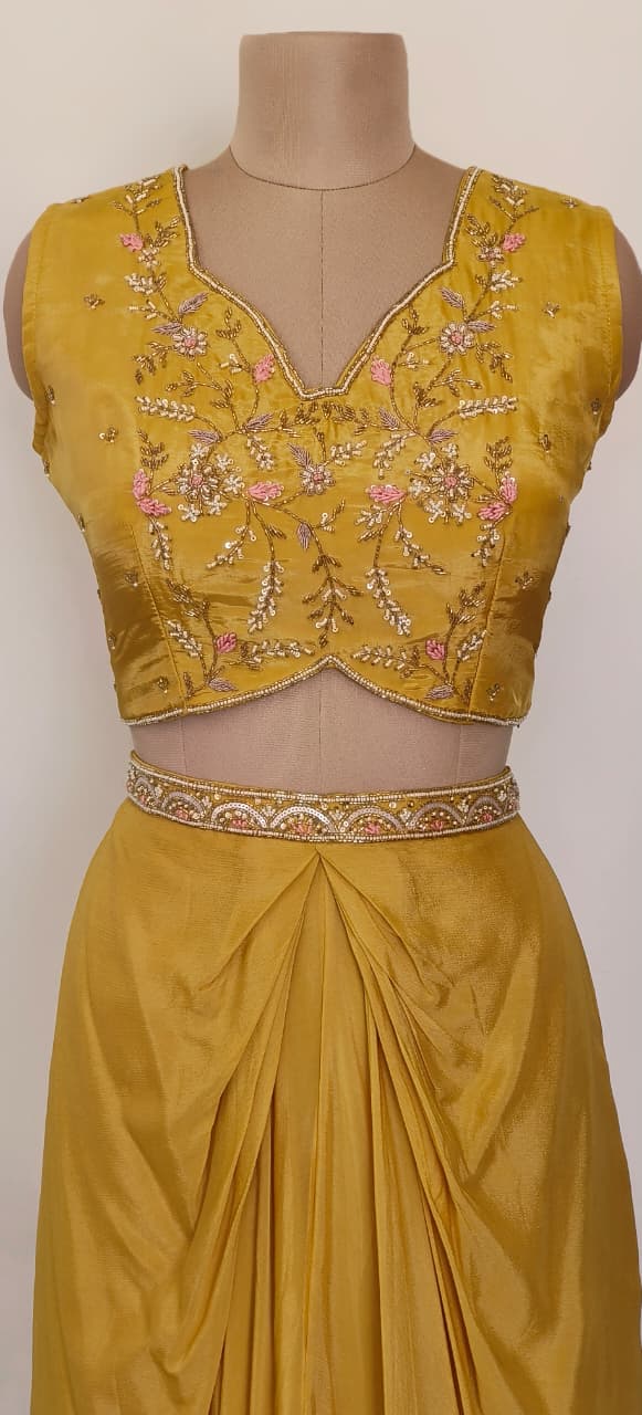 Yellow Embroidered Crop Top and Draped Skirt Set with Elegant Cape Jacket