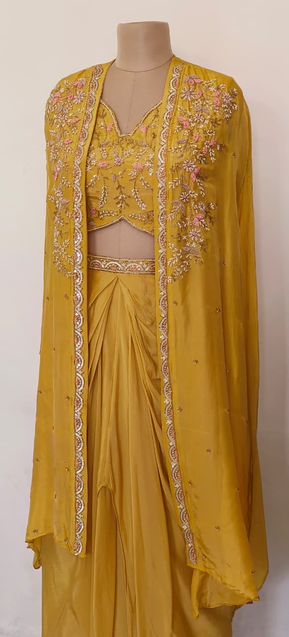 Yellow Embroidered Crop Top and Draped Skirt Set with Elegant Cape Jacket