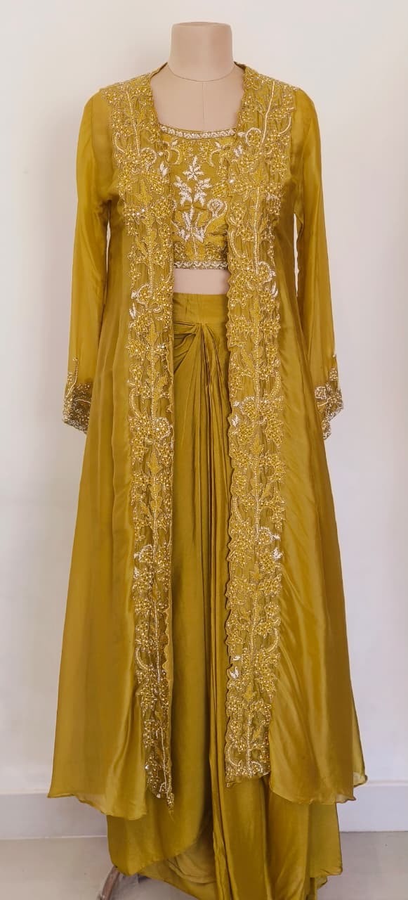 Luxury Olive-Gold Indo-Western Ensemble with Hand Embroidery and Front-Open Long Jacket
