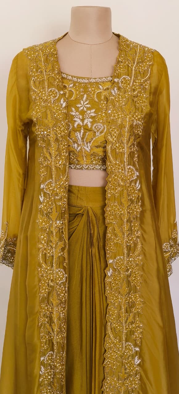 Luxury Olive-Gold Indo-Western Ensemble with Hand Embroidery and Front-Open Long Jacket