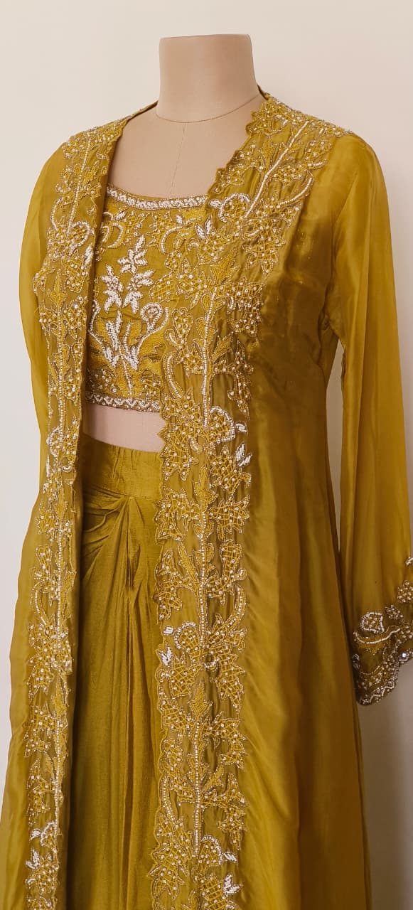 Luxury Olive-Gold Indo-Western Ensemble with Hand Embroidery and Front-Open Long Jacket