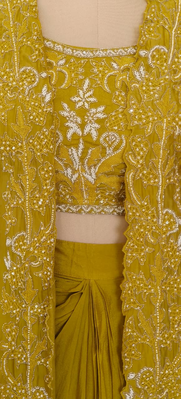 Luxury Olive-Gold Indo-Western Ensemble with Hand Embroidery and Front-Open Long Jacket