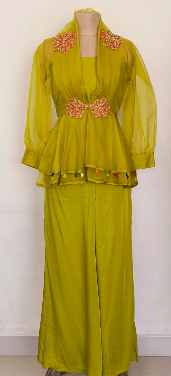 Contemporary Lime Green Peplum Kurta and Palazzo Set with Intricate Floral Work and Playful Tassel Highlights