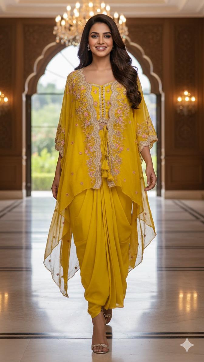 Chic Indo-Fusion Yellow Dhoti Set with Floral Embroidered Overlay Jacket
