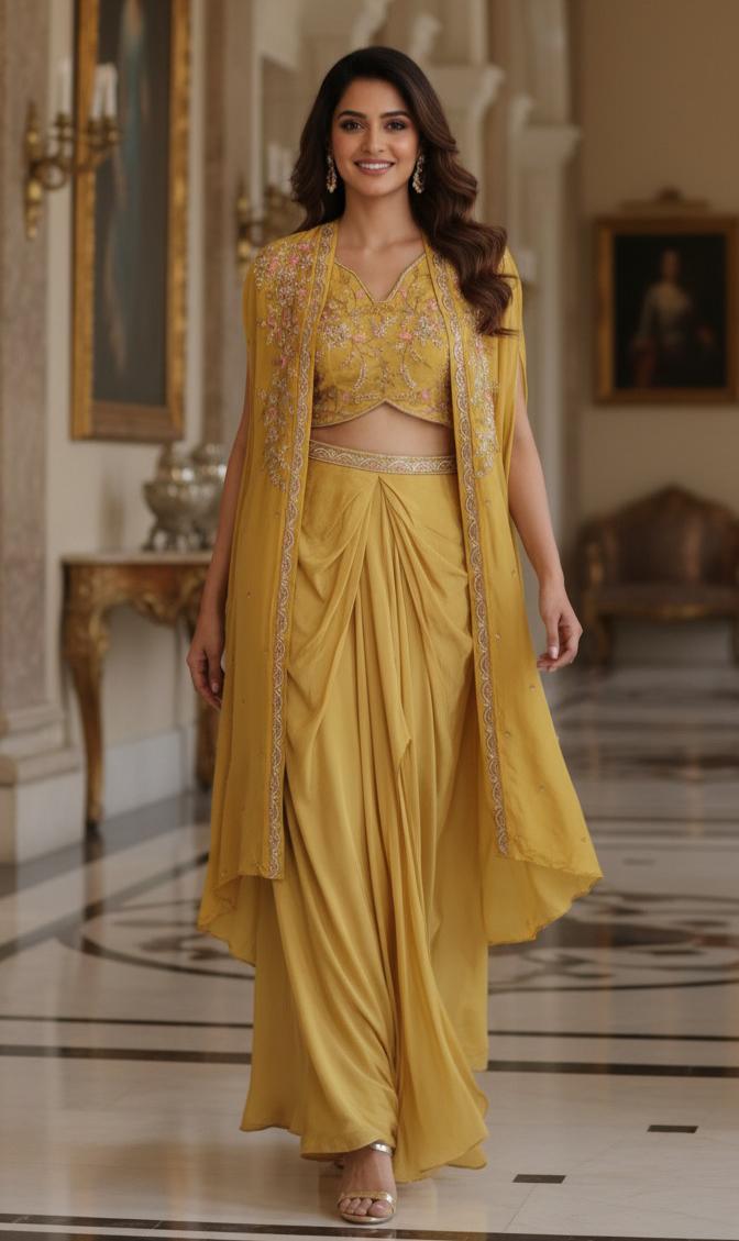Yellow Embroidered Crop Top and Draped Skirt Set with Elegant Cape Jacket
