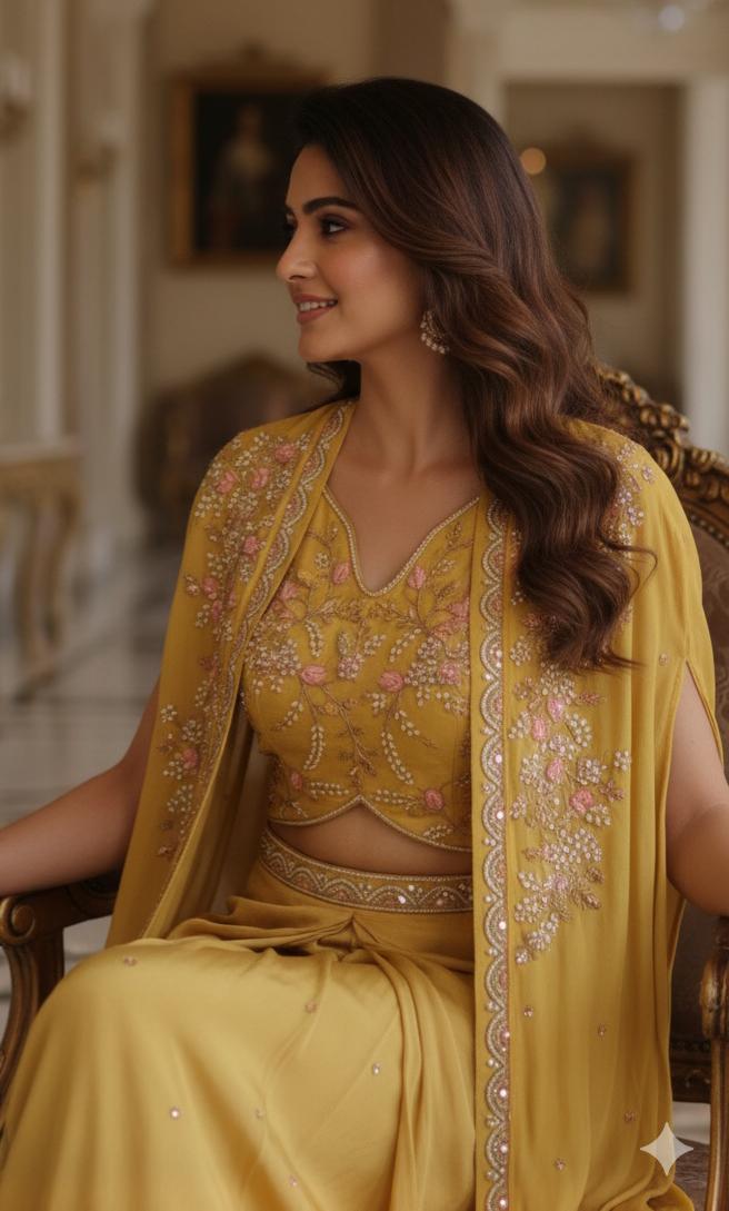 Yellow Embroidered Crop Top and Draped Skirt Set with Elegant Cape Jacket