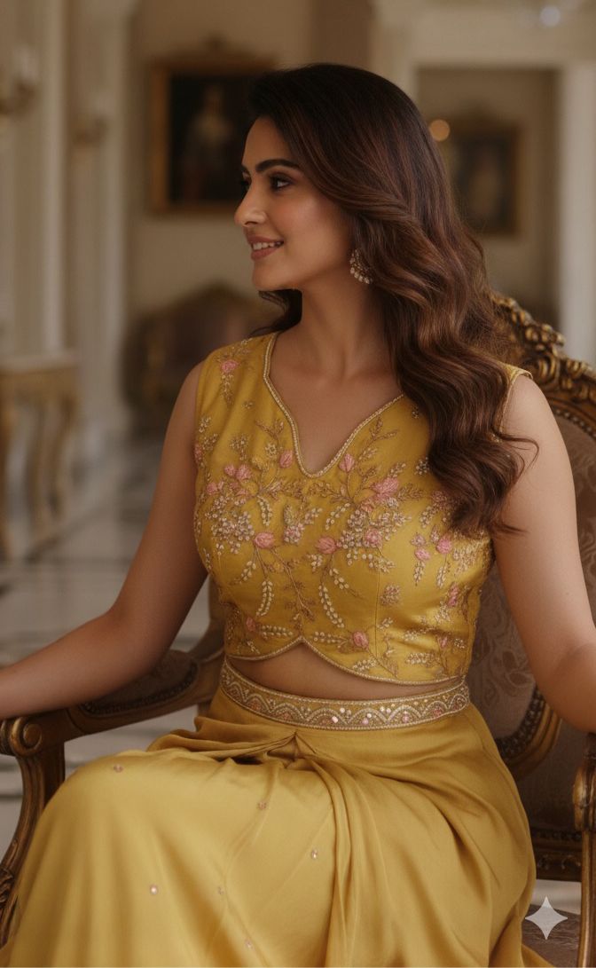 Yellow Embroidered Crop Top and Draped Skirt Set with Elegant Cape Jacket