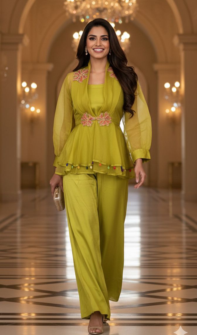 Contemporary Lime Green Peplum Kurta and Palazzo Set with Intricate Floral Work and Playful Tassel Highlights