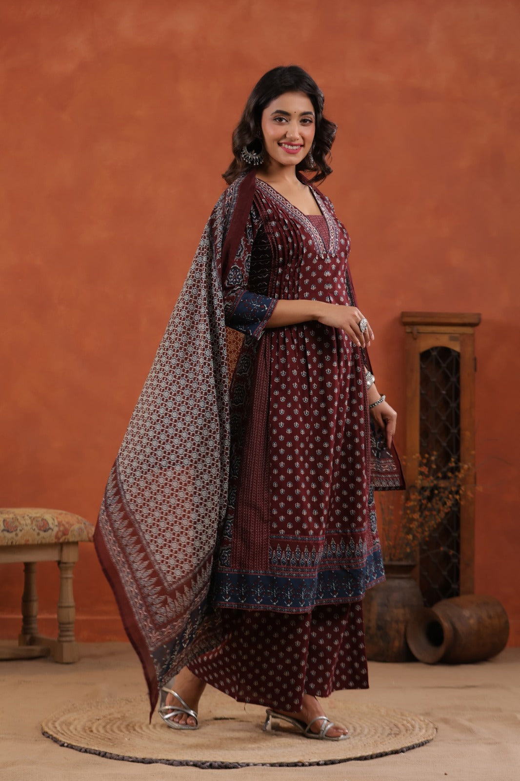 Elegant Ajrakh Print Anarkali Pure Cotton Suit Set with Dupatta-12231,12221