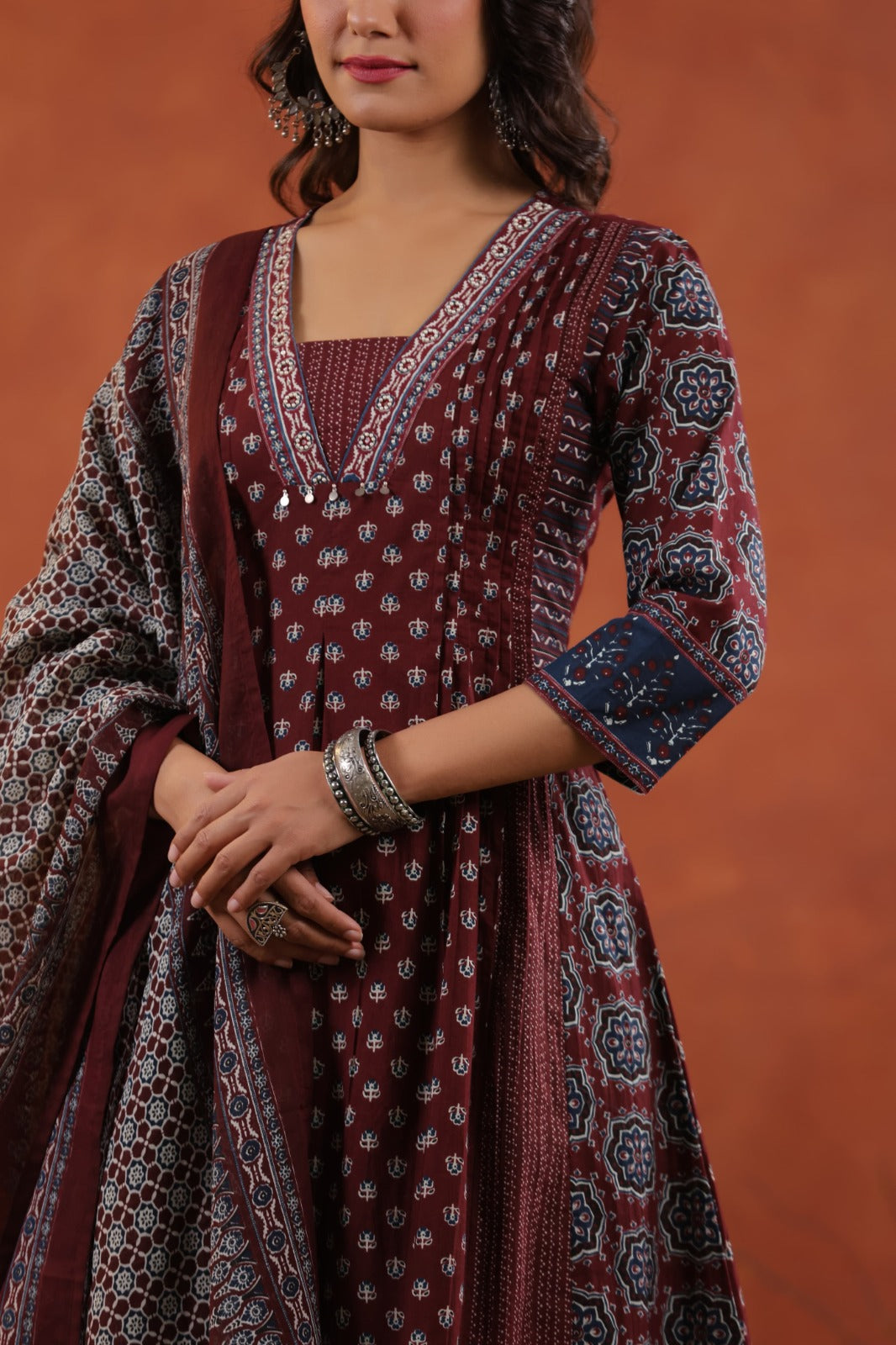 Elegant Ajrakh Print Anarkali Pure Cotton Suit Set with Dupatta-12231,12221