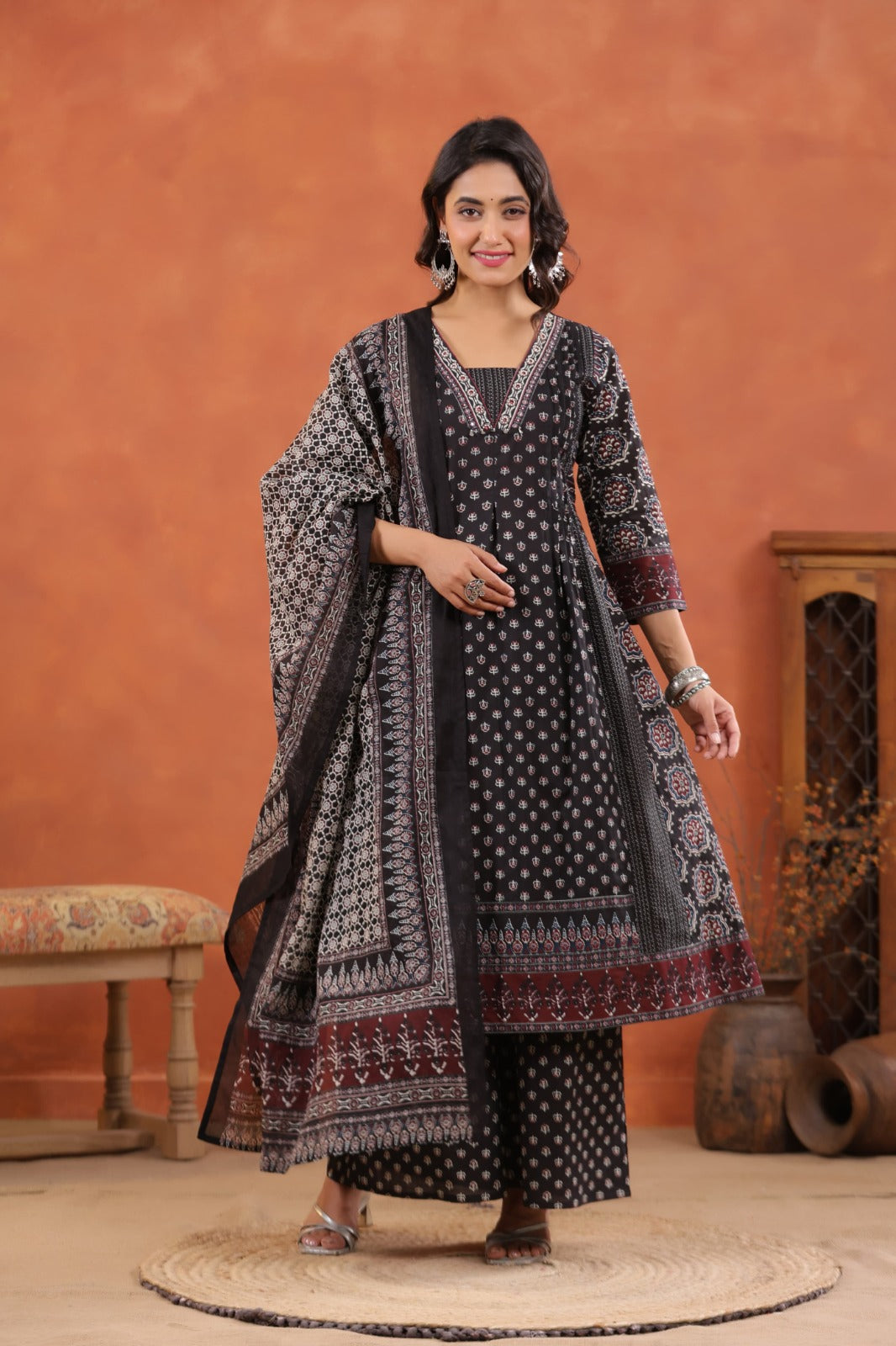 Elegant Ajrakh Print Anarkali Pure Cotton Suit Set with Dupatta-12231,12221