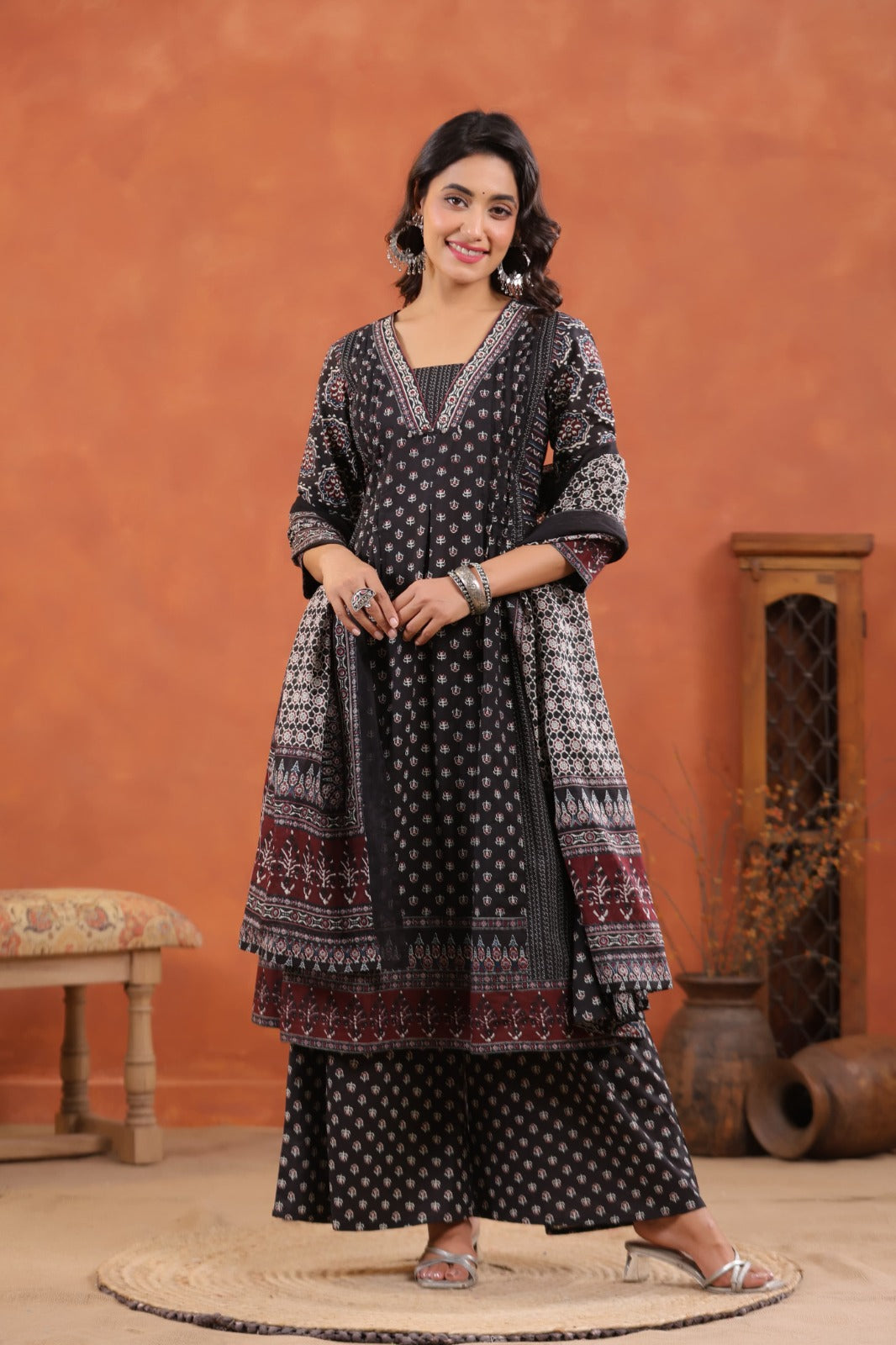 Elegant Ajrakh Print Anarkali Pure Cotton Suit Set with Dupatta-12231,12221