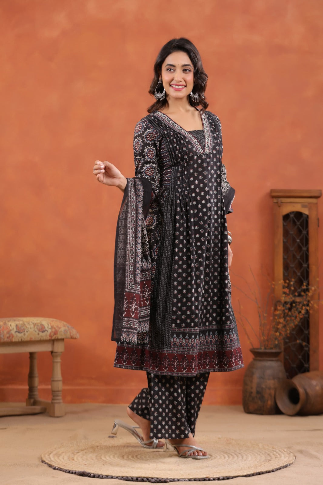 Elegant Ajrakh Print Anarkali Pure Cotton Suit Set with Dupatta-12231,12221