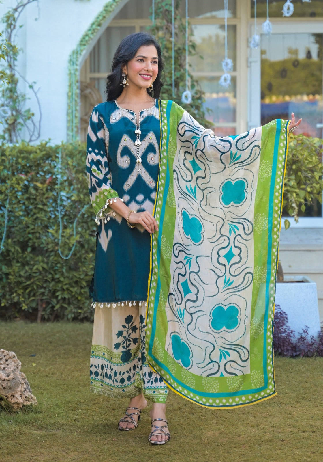 Pure Crepe Teal Blue & Lime Green Printed Suit Set with Beaded Neckline and Floral Dupatta-12223