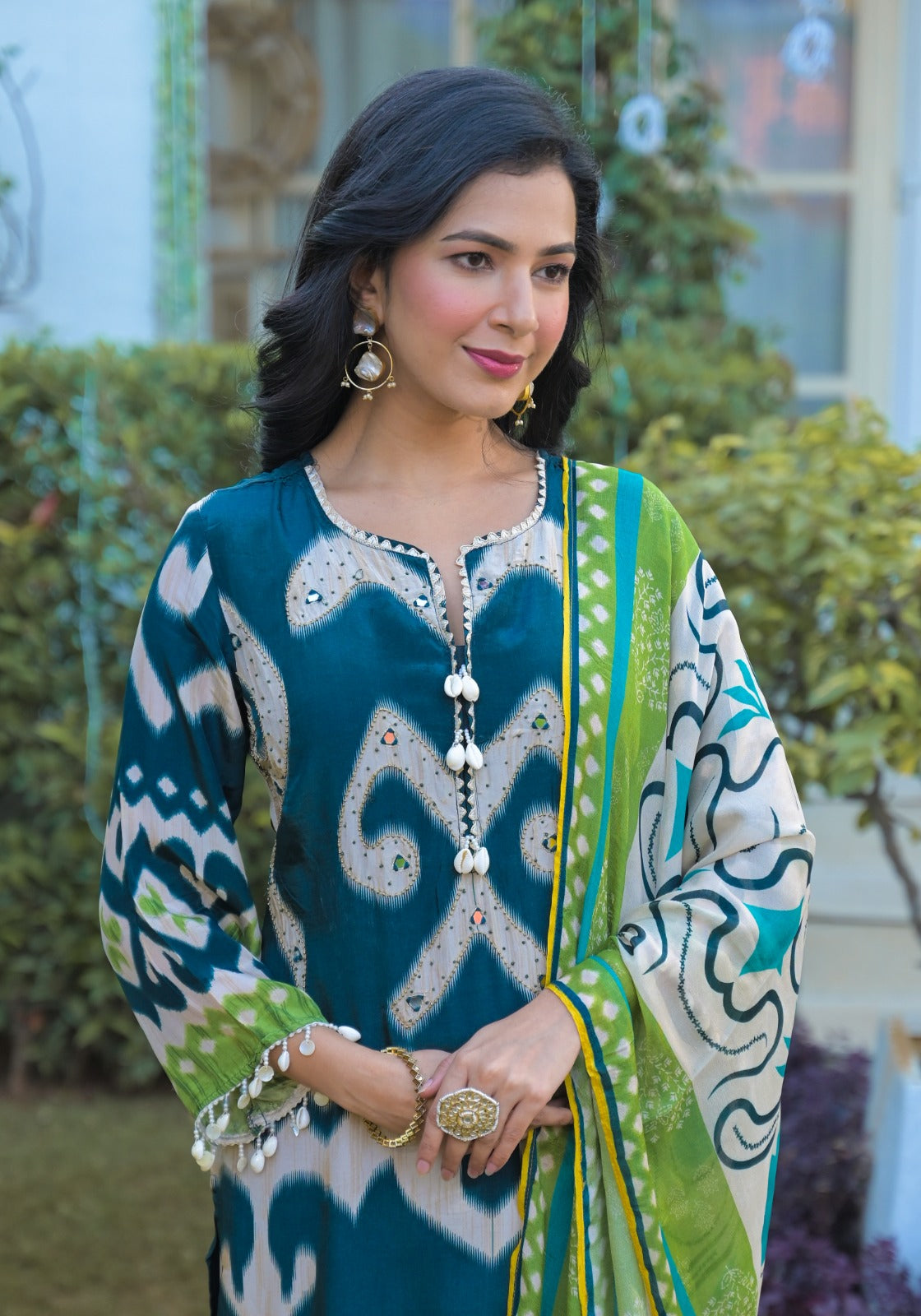 Pure Crepe Teal Blue & Lime Green Printed Suit Set with Beaded Neckline and Floral Dupatta-12223