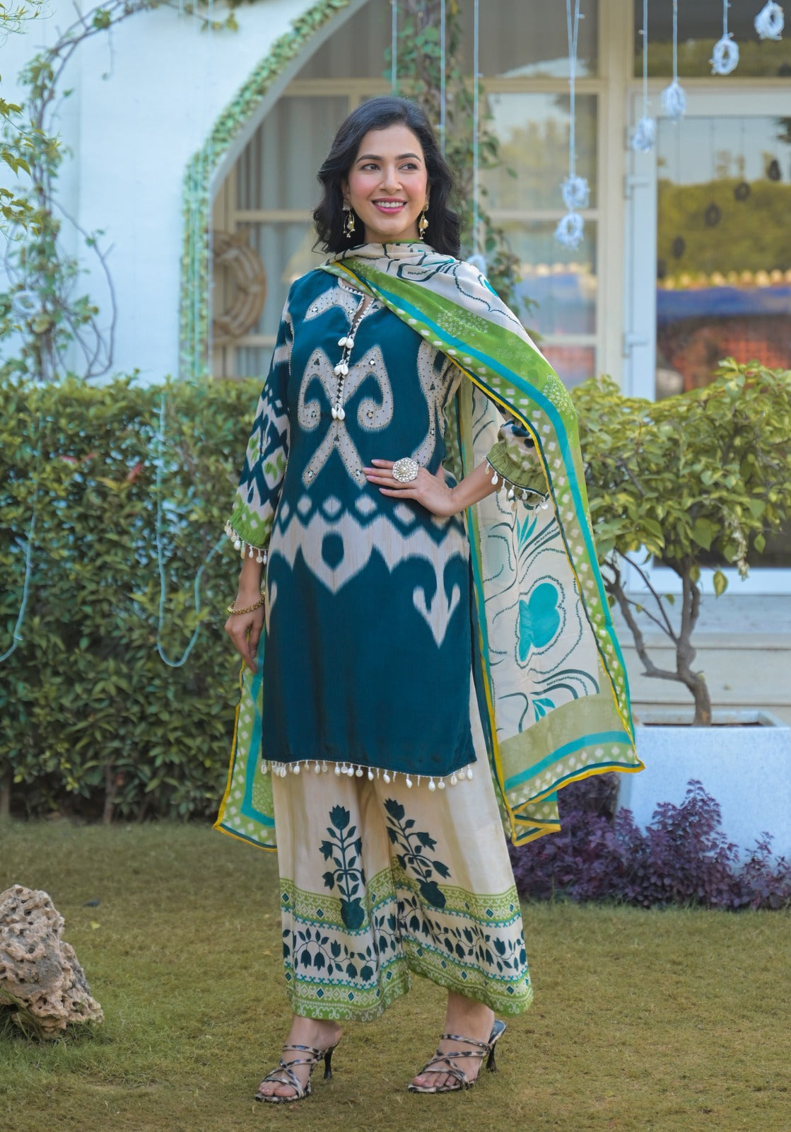 Pure Crepe Teal Blue & Lime Green Printed Suit Set with Beaded Neckline and Floral Dupatta-12223