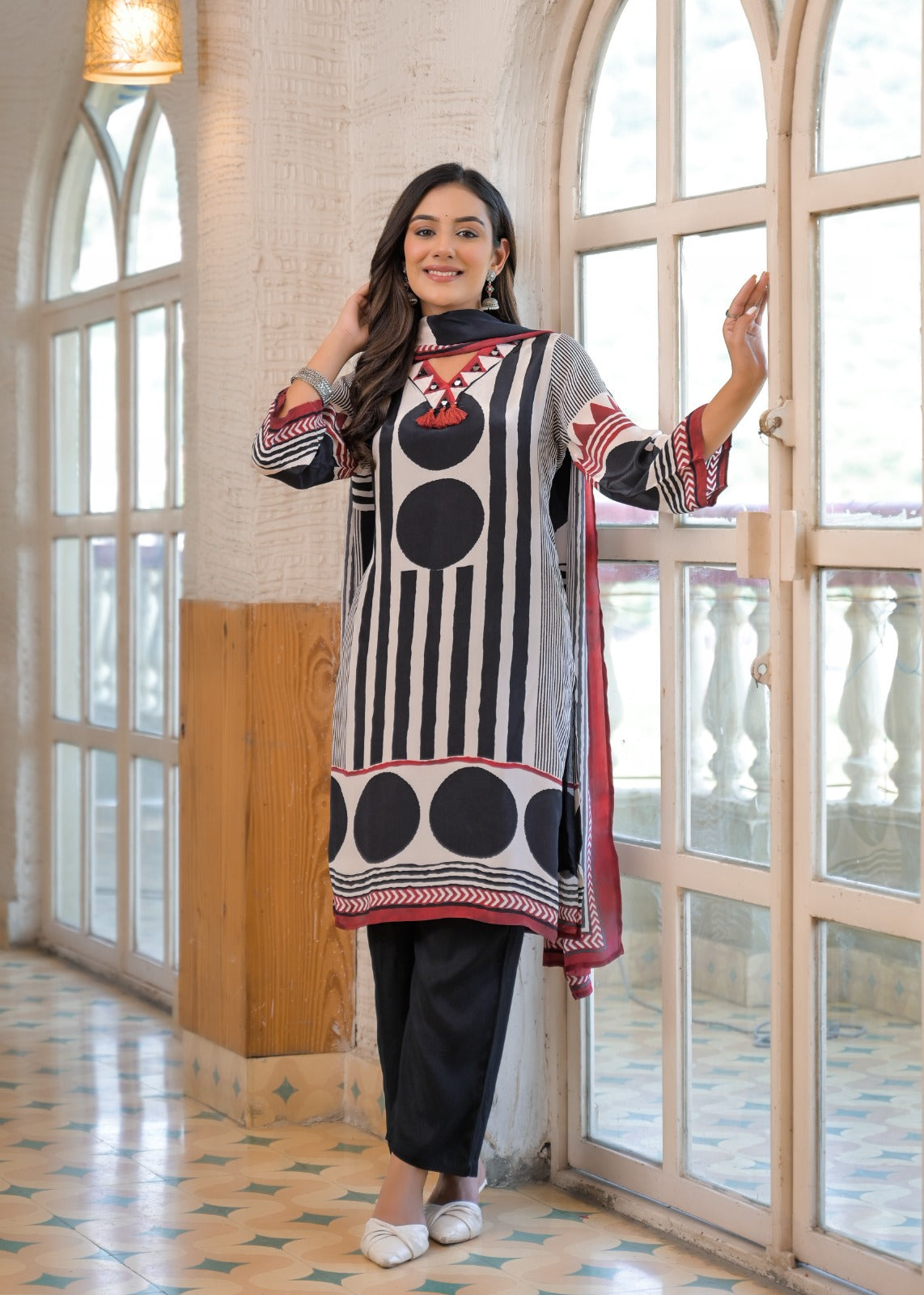 Pure Crepe Black & White Geometric Print Suit Set with Red Detailing and Tassel Neckline-12227
