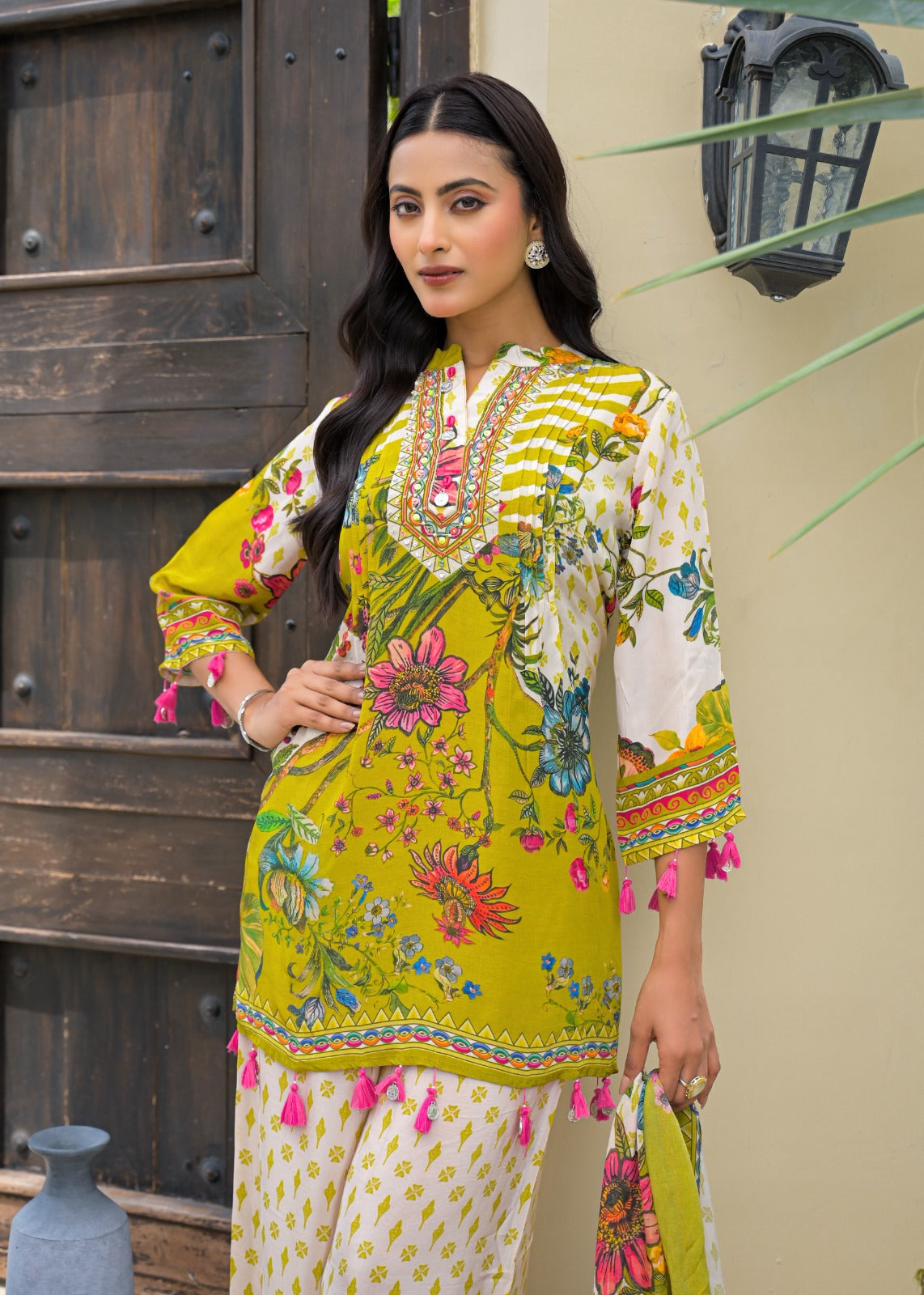 Pure Crepe Designer Green Floral Print Kurta with White Wide-Leg Palazzo Pants and Chinnon Dupatta-12219
