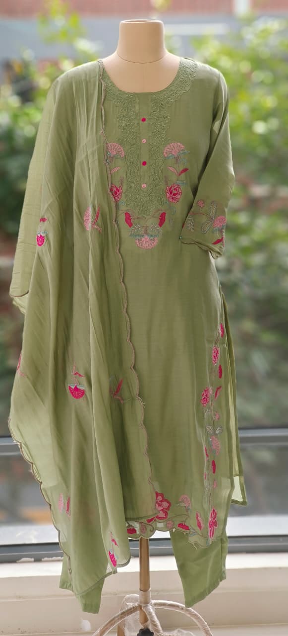 Surat Mulchanderi Suit Set with Front Thread Embroidery, Floral Scallop Dupatta & Matching Bottom-12339,12338,12337