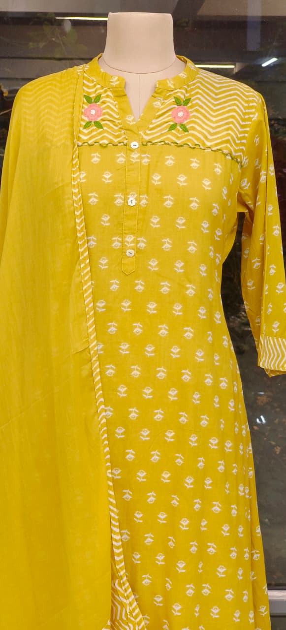 Pure A Line Cotton Printed Embroidered Kurta Set in with Dupatta-12284,12285