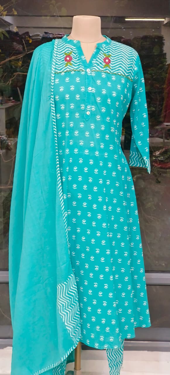 Pure A Line Cotton Printed Embroidered Kurta Set in with Dupatta-12284,12285