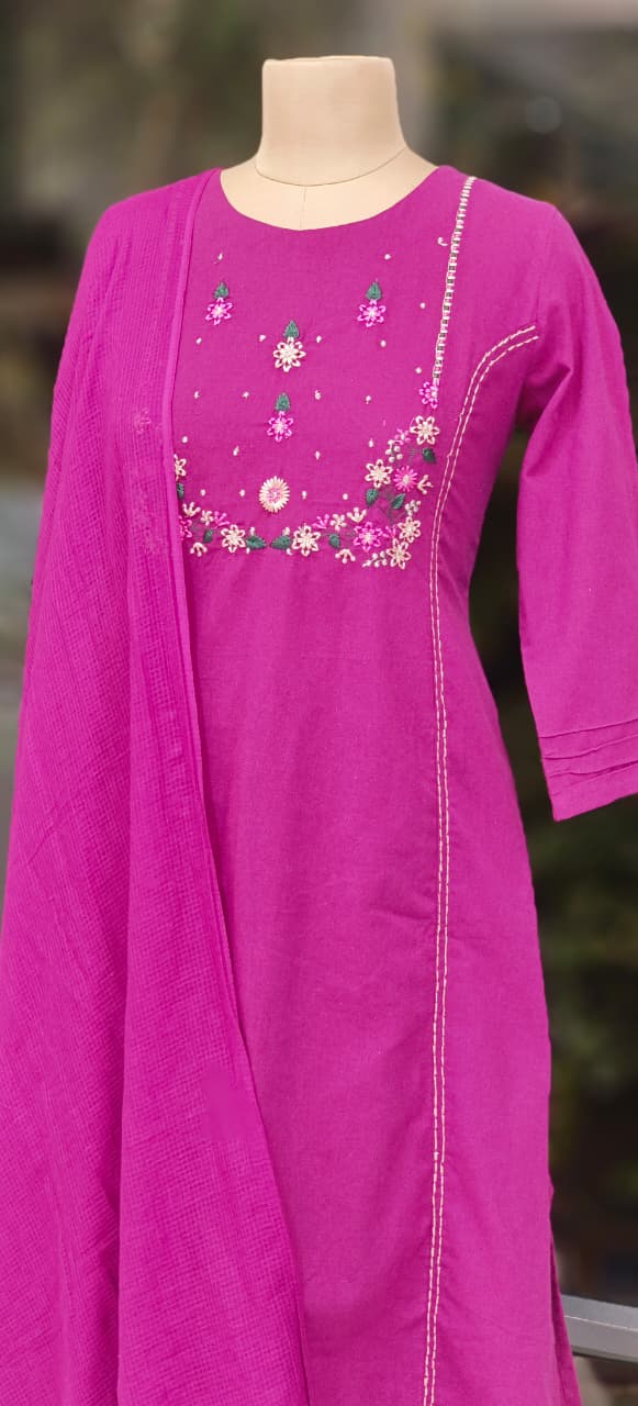 Pure Handloom Cotton Straight Kurta Set with Delicate Thread Embroidery & Matching Dupatta And Bottom-12211,12330