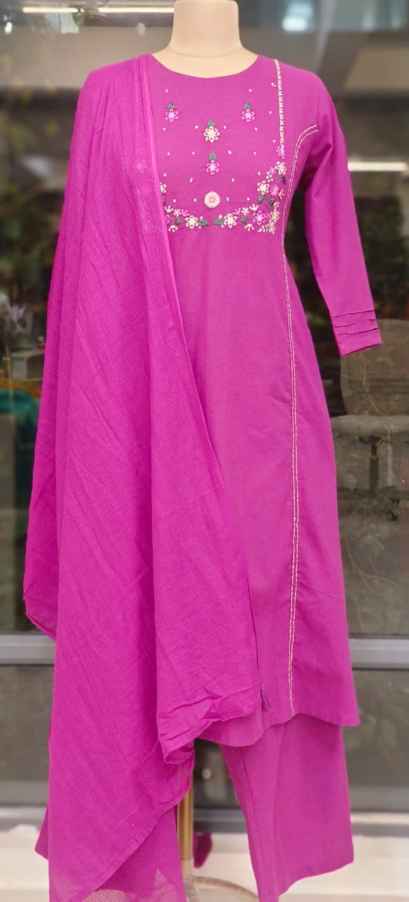 Pure Handloom Cotton Straight Kurta Set with Delicate Thread Embroidery & Matching Dupatta And Bottom-12211,12330