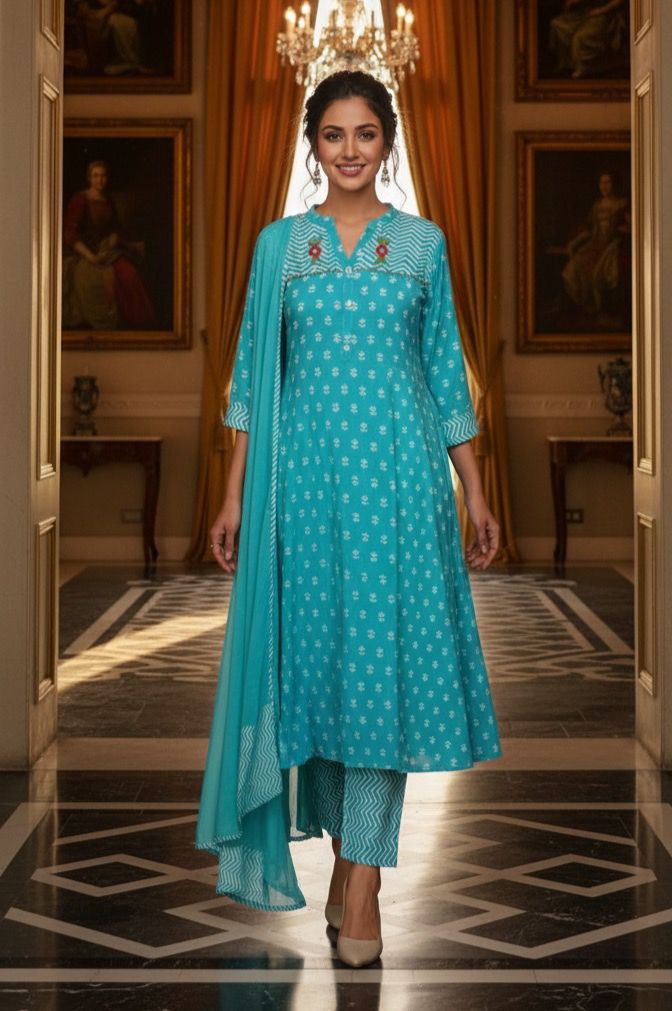 Pure A Line Cotton Printed Embroidered Kurta Set in with Dupatta-12284,12285