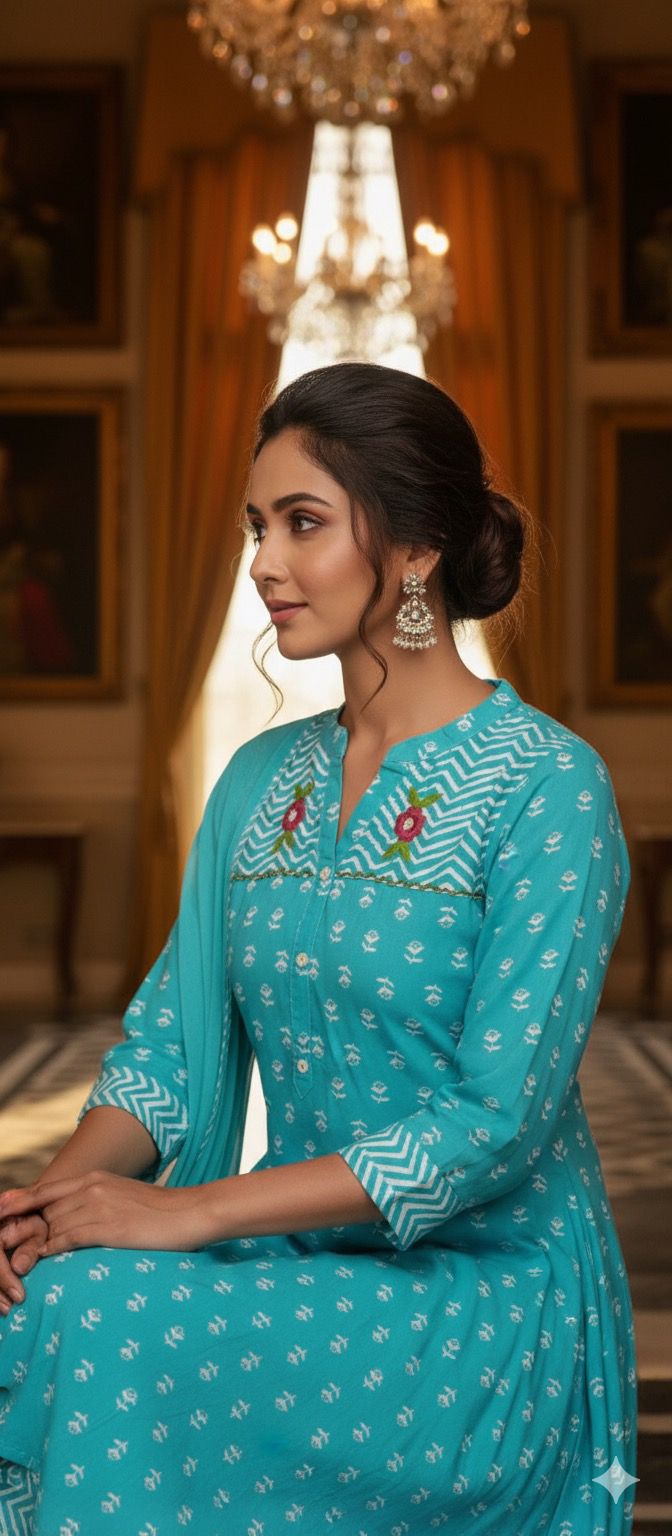 Pure A Line Cotton Printed Embroidered Kurta Set in with Dupatta-12284,12285