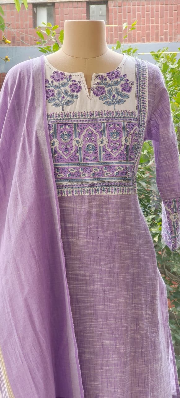 Beautiful Light Shade Block Print Yoke Premium Handloom Cotton Kurta Pant Dupatta Set with Dupatta-12287,12288