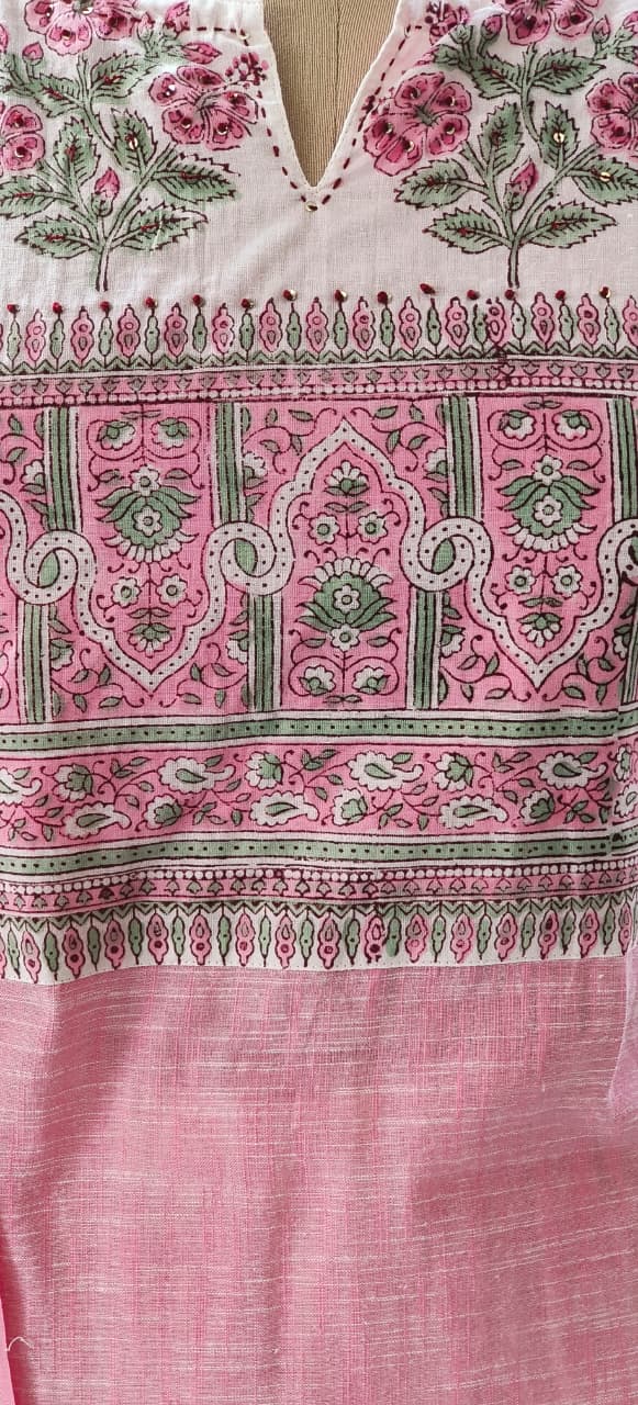 Beautiful Light Shade Block Print Yoke Premium Handloom Cotton Kurta Pant Dupatta Set with Dupatta-12287,12288