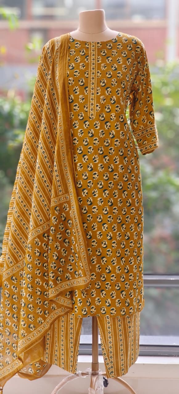 Hand Block Cotton Printed Kurta Pant With Dupatta-12240
