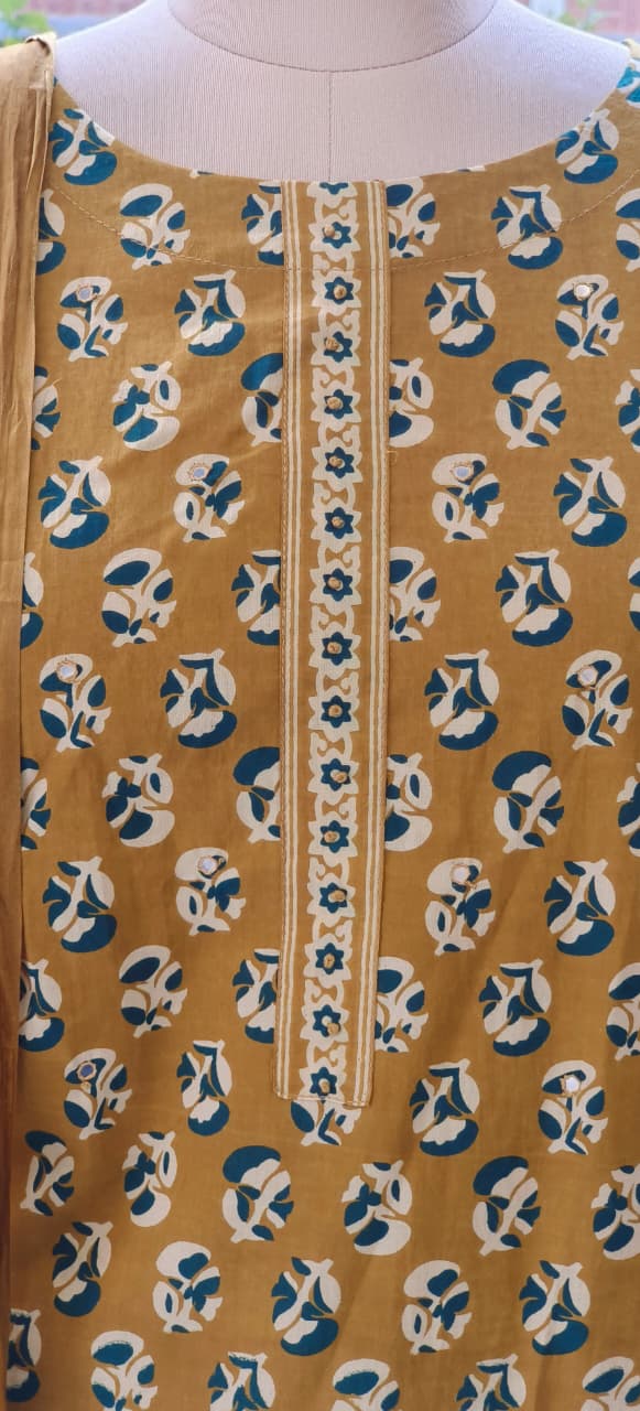 Hand Block Cotton Printed Kurta Pant With Dupatta-12240