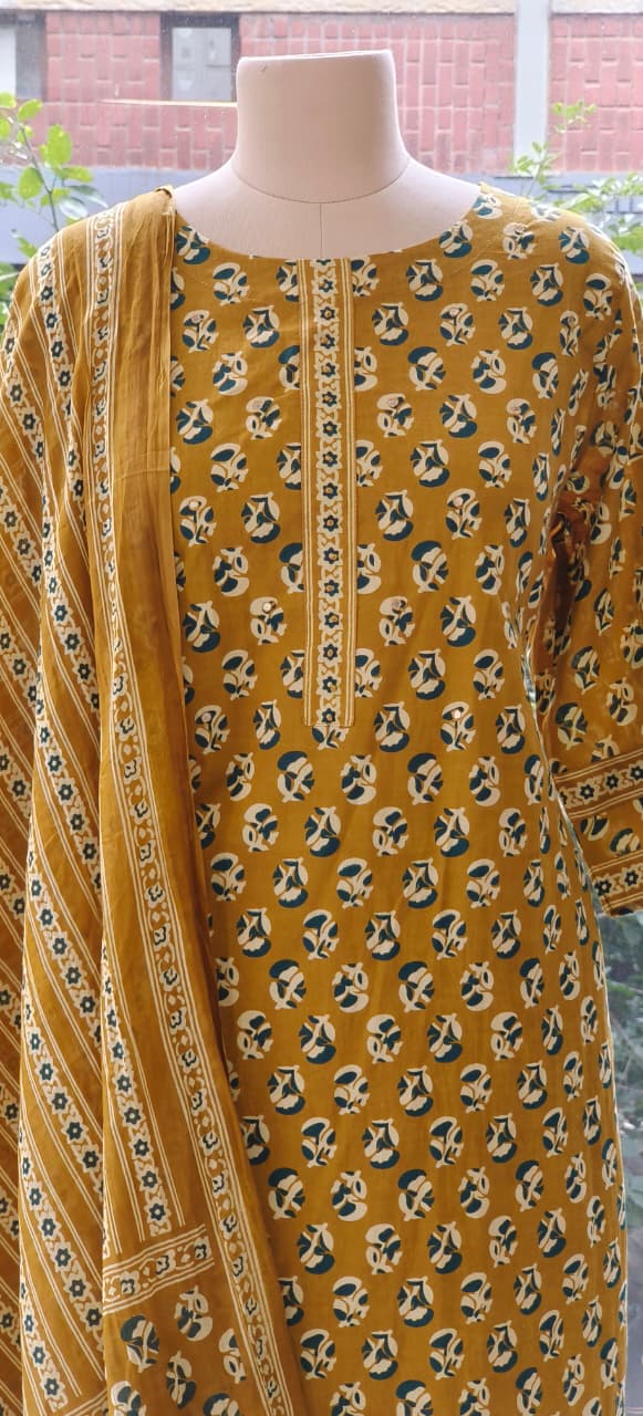 Hand Block Cotton Printed Kurta Pant With Dupatta-12240