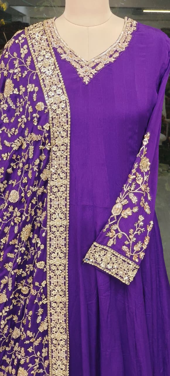 Flowy Chinon Fabric Anarkali Full Suit Set With Contrast Heavy Embellished Dupatta