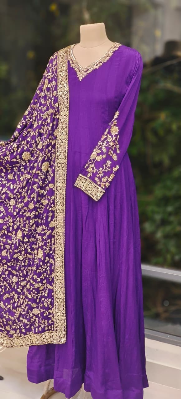 Flowy Chinon Fabric Anarkali Full Suit Set With Contrast Heavy Embellished Dupatta