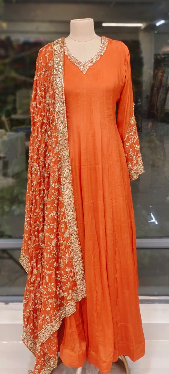 Flowy Chinon Fabric Anarkali Full Suit Set With Contrast Heavy Embellished Dupatta