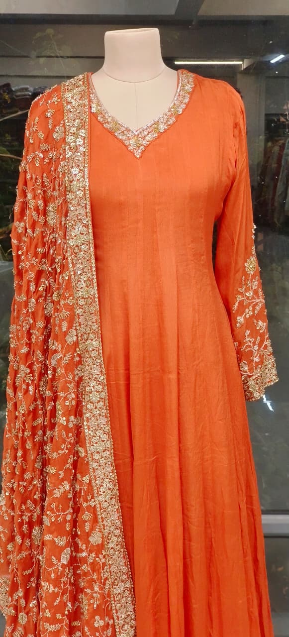 Flowy Chinon Fabric Anarkali Full Suit Set With Contrast Heavy Embellished Dupatta