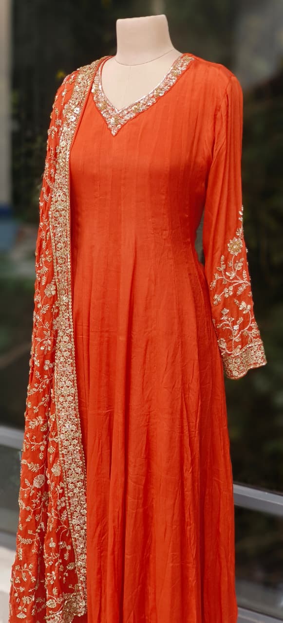 Flowy Chinon Fabric Anarkali Full Suit Set With Contrast Heavy Embellished Dupatta